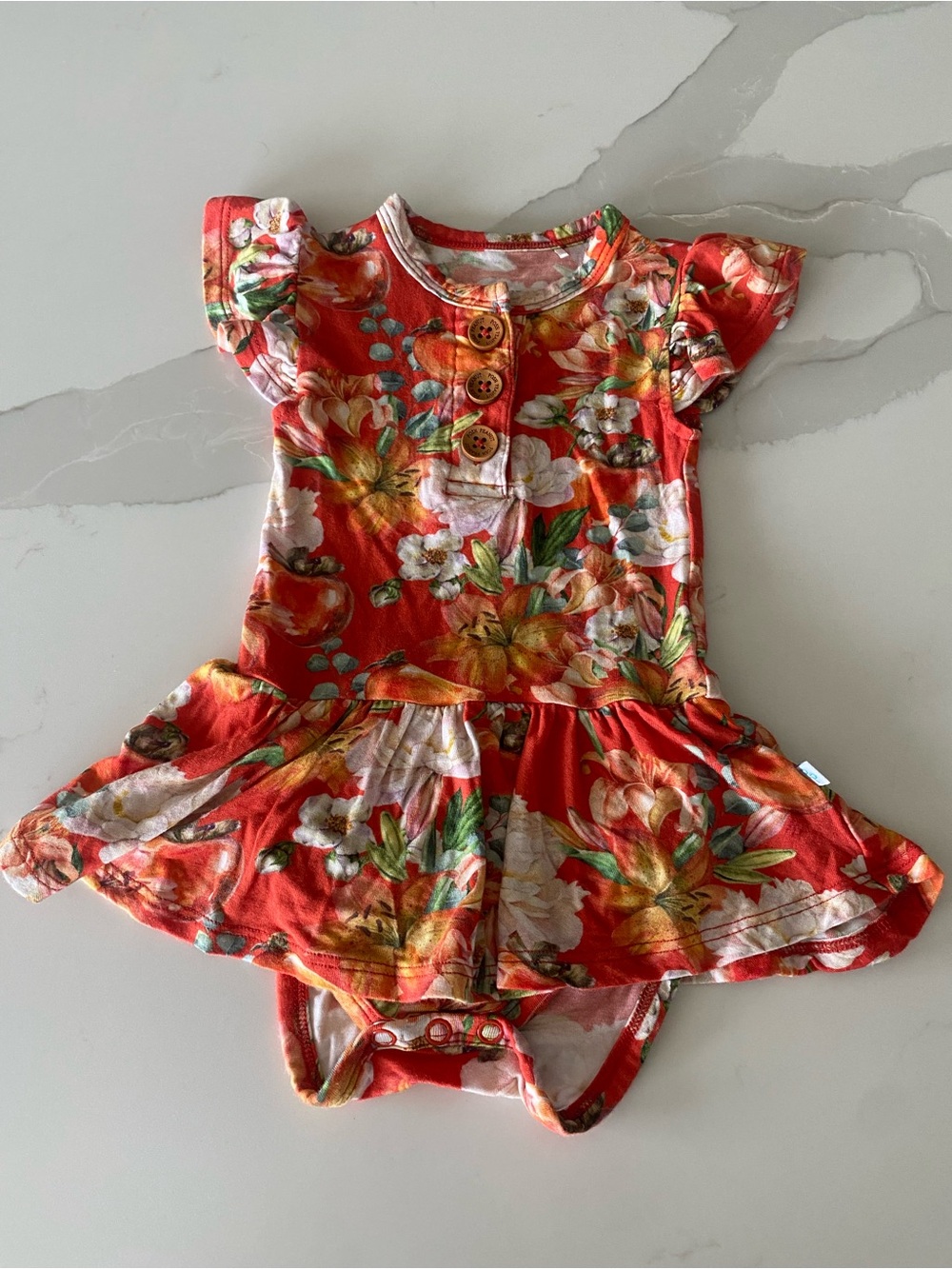 Posh Peanut Orange Floral Ruffle Skirted Short Sleeve twirl dress 3-6 Months